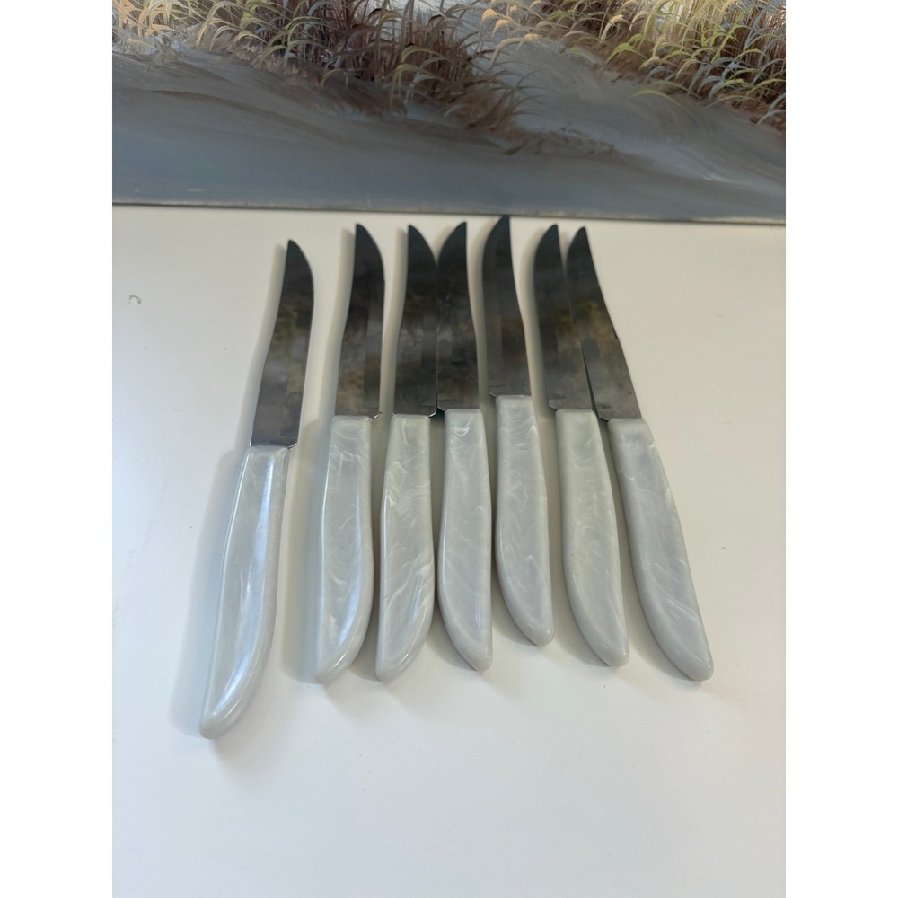 Vintage Quikut Stainless Steel Steak Knife Set 7pc Light Blue Marbled Swirl